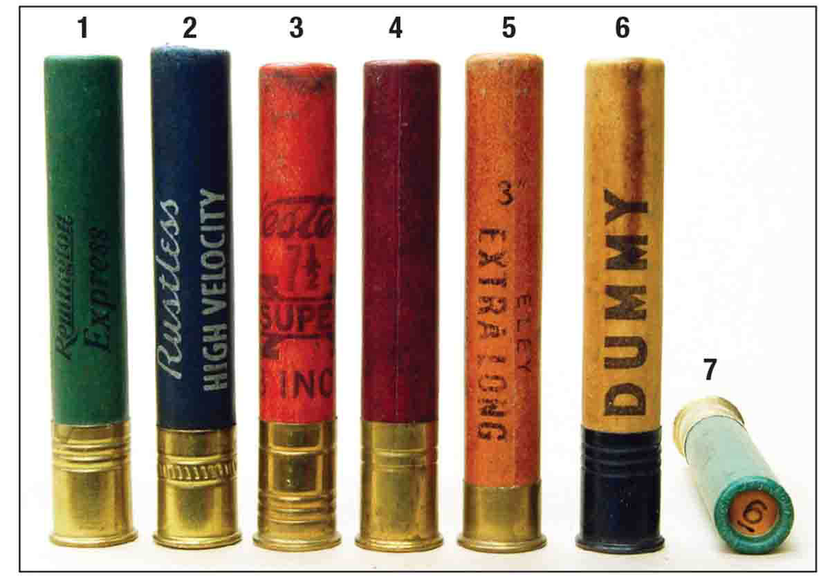 Paper 3-inch .410s of the past include: (1) Remington, (2) Peters, (3) Western, (4) Federal, (5) Eley, (6) dummy to test gun function and (7) a roll crimp.